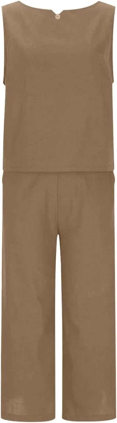 Linen Sets for Women 2 Piece,Summer Outfits Sleeveless Tops Wide Leg Crop Pants Vacation Travel Two Piece Lounge Sets
