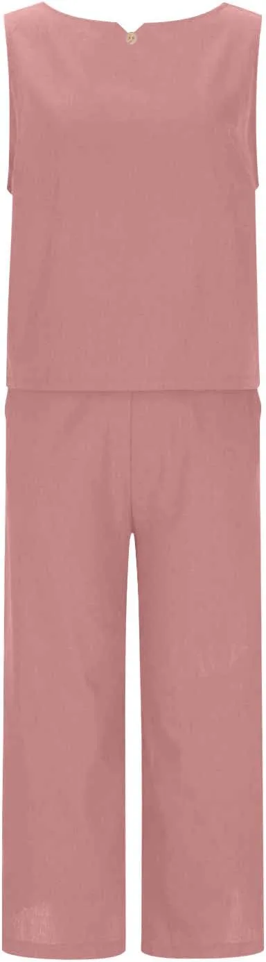 Linen Sets for Women 2 Piece,Summer Outfits Sleeveless Tops Wide Leg Crop Pants Vacation Travel Two Piece Lounge Sets