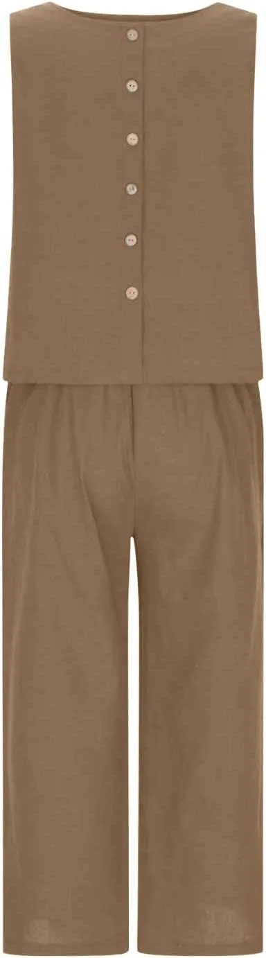 Linen Sets for Women 2 Piece,Summer Outfits Sleeveless Tops Wide Leg Crop Pants Vacation Travel Two Piece Lounge Sets