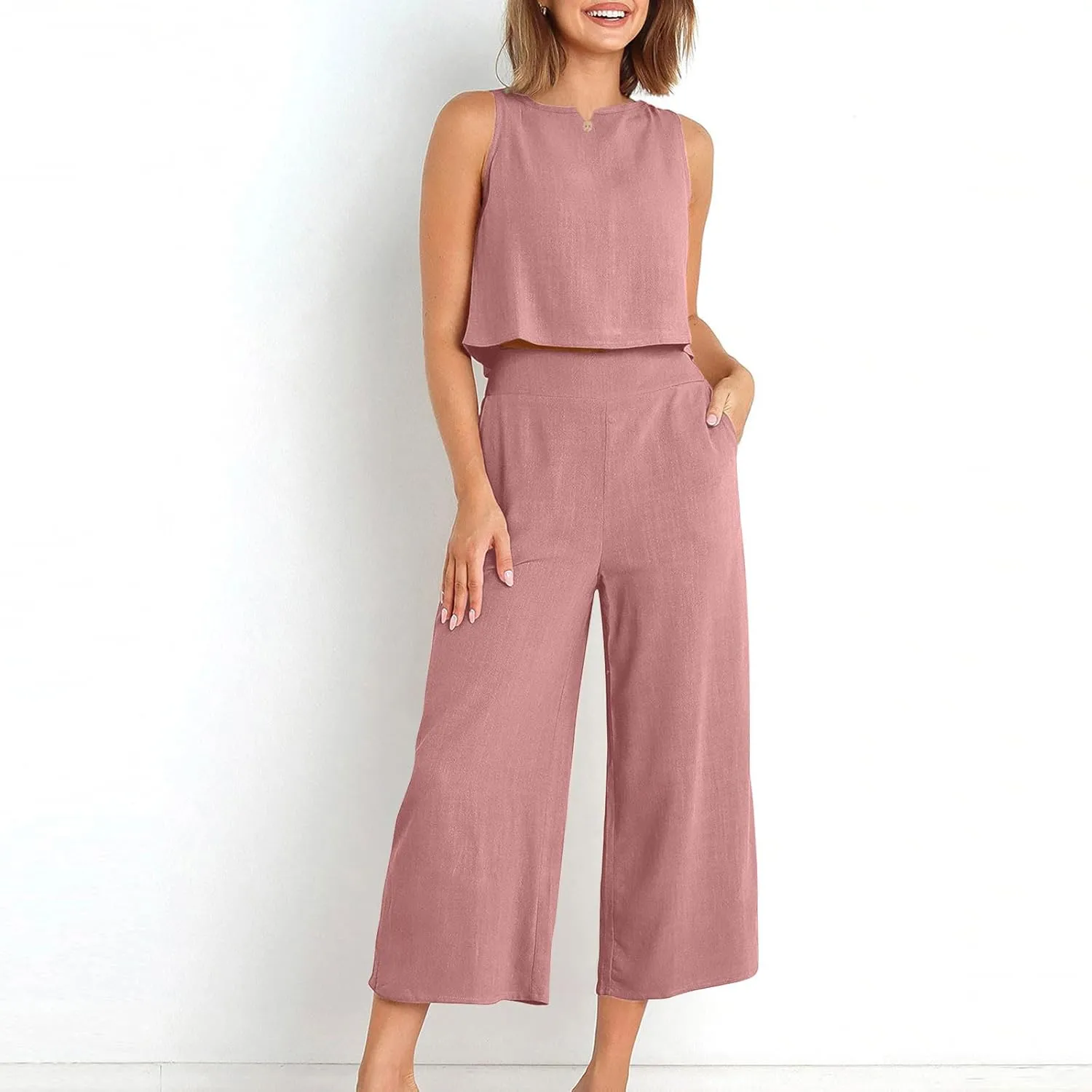Linen Sets for Women 2 Piece,Summer Outfits Sleeveless Tops Wide Leg Crop Pants Vacation Travel Two Piece Lounge Sets