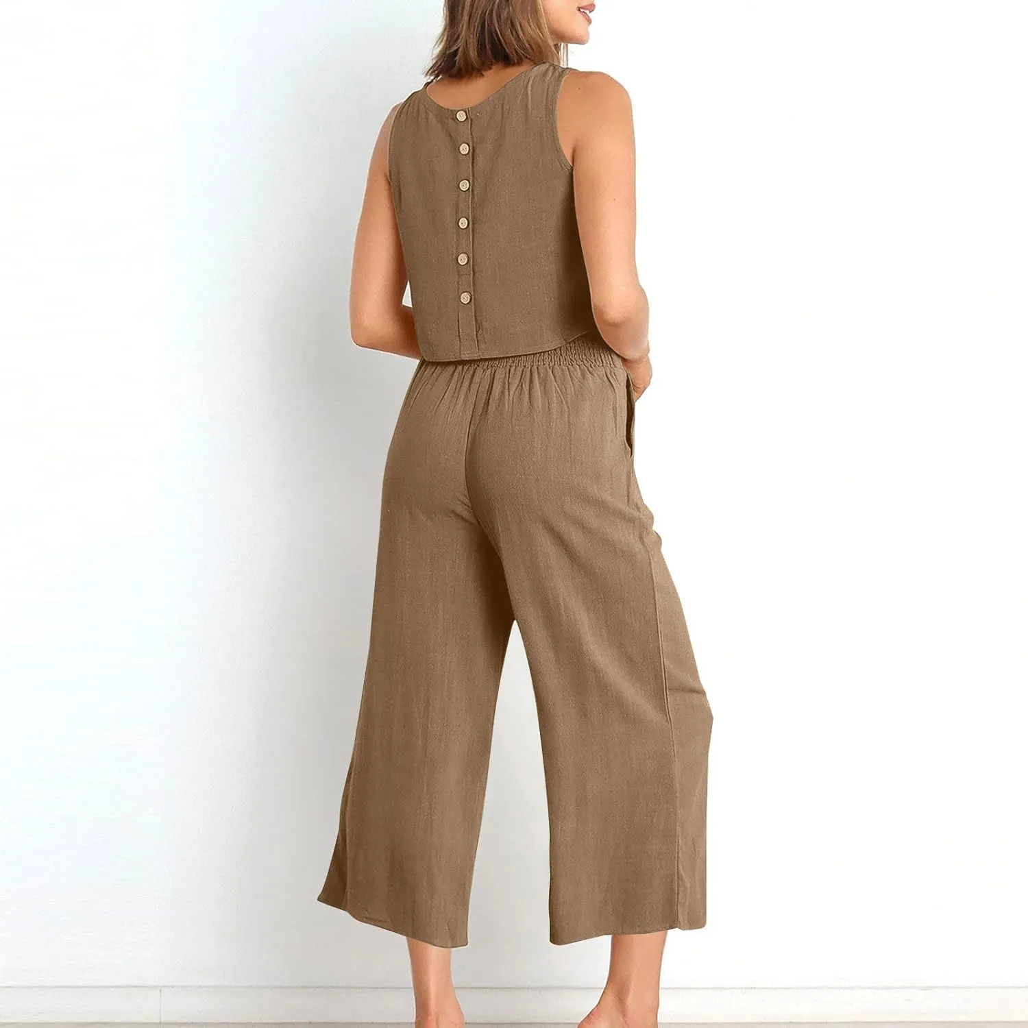 Linen Sets for Women 2 Piece,Summer Outfits Sleeveless Tops Wide Leg Crop Pants Vacation Travel Two Piece Lounge Sets