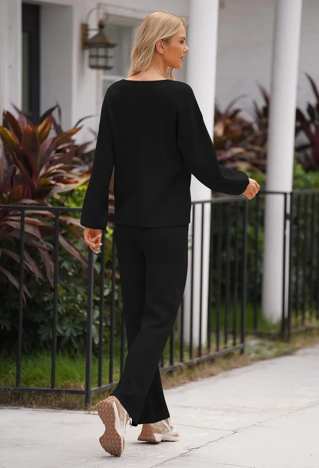 Linsery Women 2 Piece Knit Set Long Sleeve Pullover Sweater Top Wide Leg Pant Sweatsuit Outfits