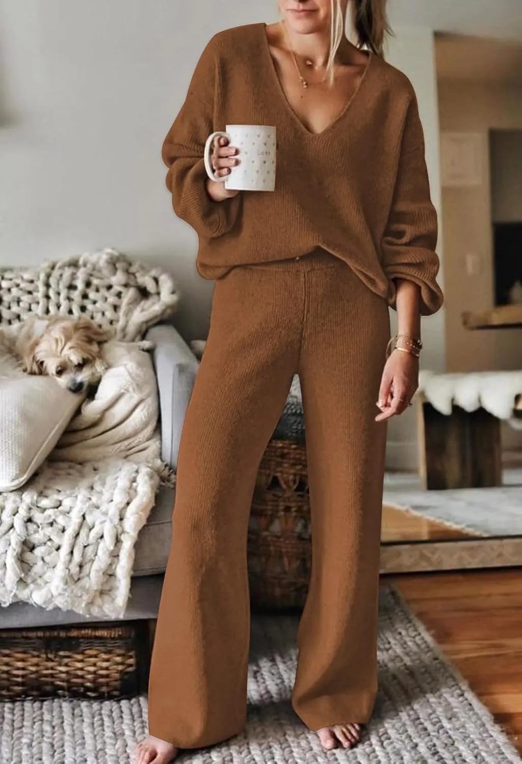 Linsery Women 2 Piece Knit Set Long Sleeve Pullover Sweater Top Wide Leg Pant Sweatsuit Outfits