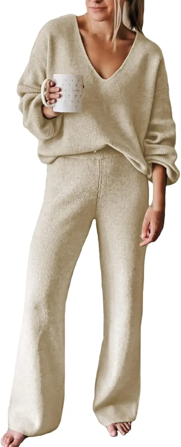Linsery Women 2 Piece Knit Set Long Sleeve Pullover Sweater Top Wide Leg Pant Sweatsuit Outfits