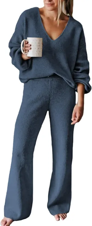 Linsery Women 2 Piece Knit Set Long Sleeve Pullover Sweater Top Wide Leg Pant Sweatsuit Outfits