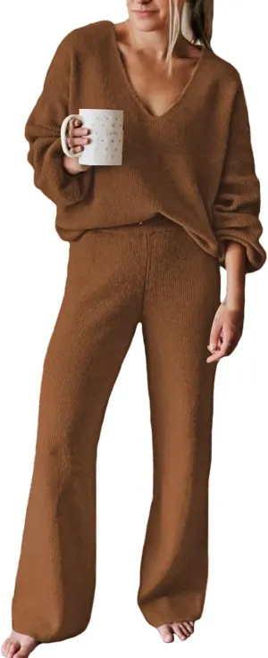 Linsery Women 2 Piece Knit Set Long Sleeve Pullover Sweater Top Wide Leg Pant Sweatsuit Outfits