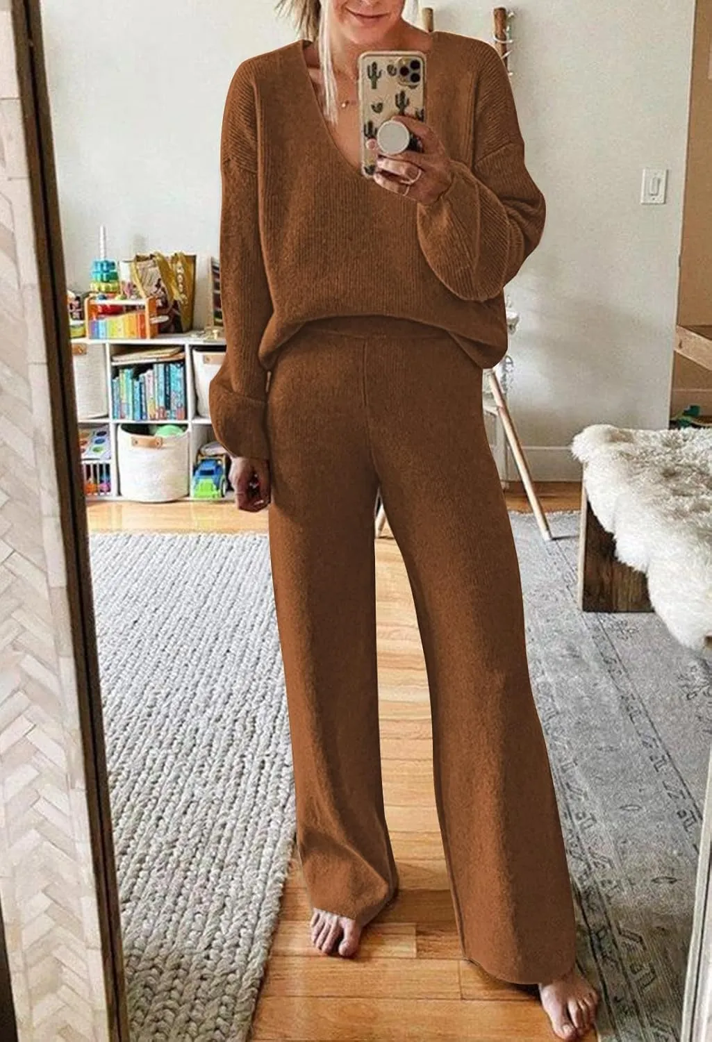 Linsery Women 2 Piece Knit Set Long Sleeve Pullover Sweater Top Wide Leg Pant Sweatsuit Outfits