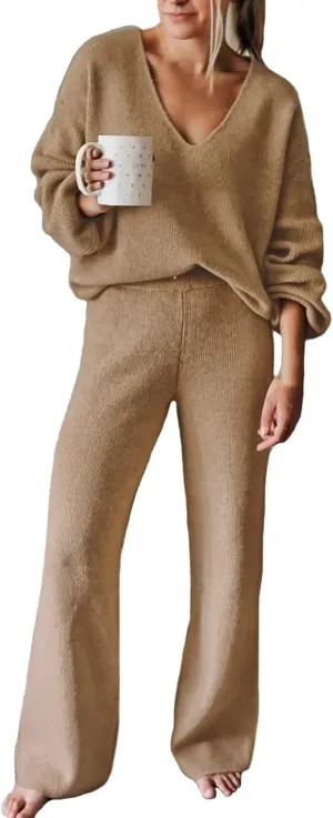 Linsery Women 2 Piece Knit Set Long Sleeve Pullover Sweater Top Wide Leg Pant Sweatsuit Outfits