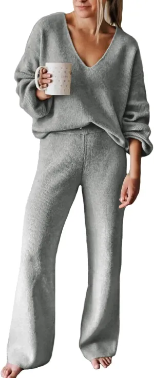 Linsery Women 2 Piece Knit Set Long Sleeve Pullover Sweater Top Wide Leg Pant Sweatsuit Outfits