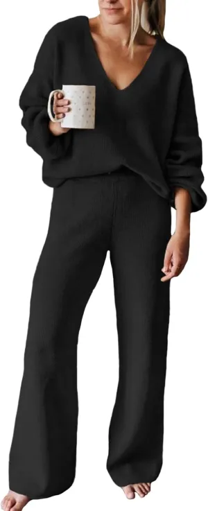 Linsery Women 2 Piece Knit Set Long Sleeve Pullover Sweater Top Wide Leg Pant Sweatsuit Outfits
