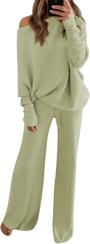 Linsery Womens 2 Piece Outfits One Shoulder Knit Sweater Pullovers Wide Leg Pants Sets Sweatsuit Tracksuit