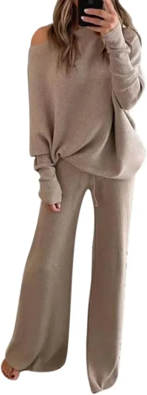 Linsery Womens 2 Piece Outfits One Shoulder Knit Sweater Pullovers Wide Leg Pants Sets Sweatsuit Tracksuit