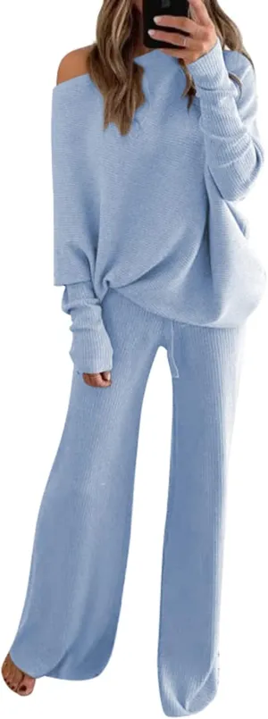 Linsery Womens 2 Piece Outfits One Shoulder Knit Sweater Pullovers Wide Leg Pants Sets Sweatsuit Tracksuit