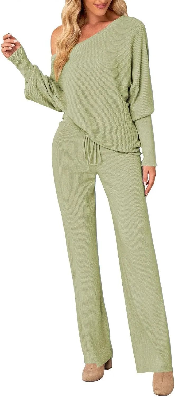 Linsery Womens 2 Piece Outfits One Shoulder Knit Sweater Pullovers Wide Leg Pants Sets Sweatsuit Tracksuit