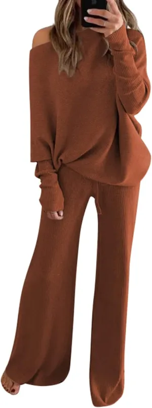 Linsery Womens 2 Piece Outfits One Shoulder Knit Sweater Pullovers Wide Leg Pants Sets Sweatsuit Tracksuit