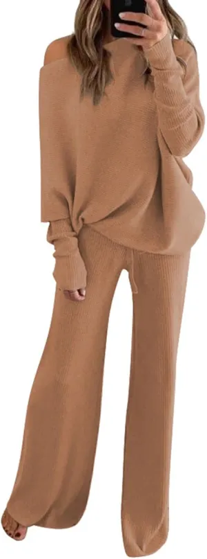 Linsery Womens 2 Piece Outfits One Shoulder Knit Sweater Pullovers Wide Leg Pants Sets Sweatsuit Tracksuit