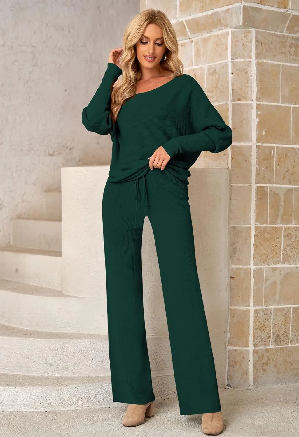 Linsery Womens 2 Piece Outfits One Shoulder Knit Sweater Pullovers Wide Leg Pants Sets Sweatsuit Tracksuit