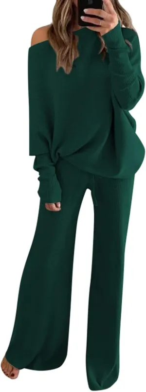 Linsery Womens 2 Piece Outfits One Shoulder Knit Sweater Pullovers Wide Leg Pants Sets Sweatsuit Tracksuit