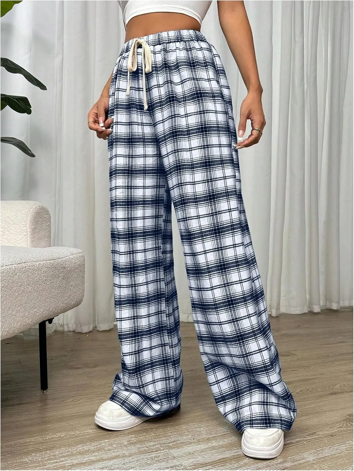 MakeMeChic Women's Plaid Pants Elastic Waist Wide Leg Loose Casual Trousers