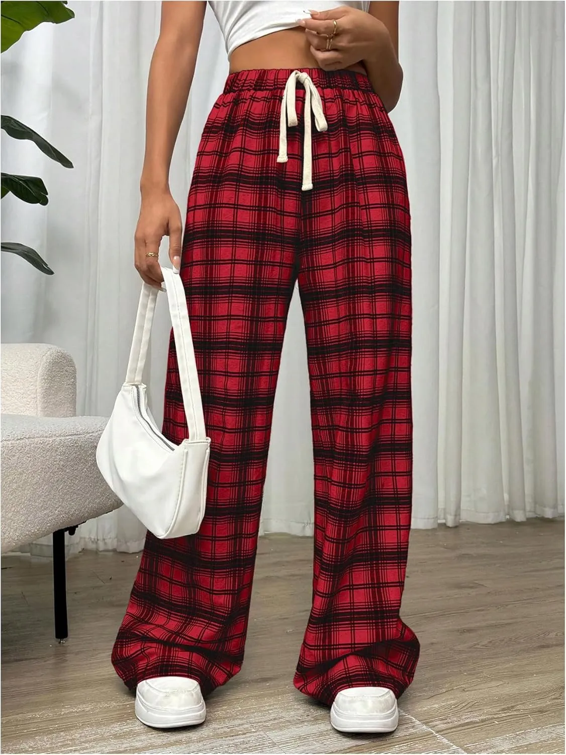 MakeMeChic Women's Plaid Pants Elastic Waist Wide Leg Loose Casual Trousers