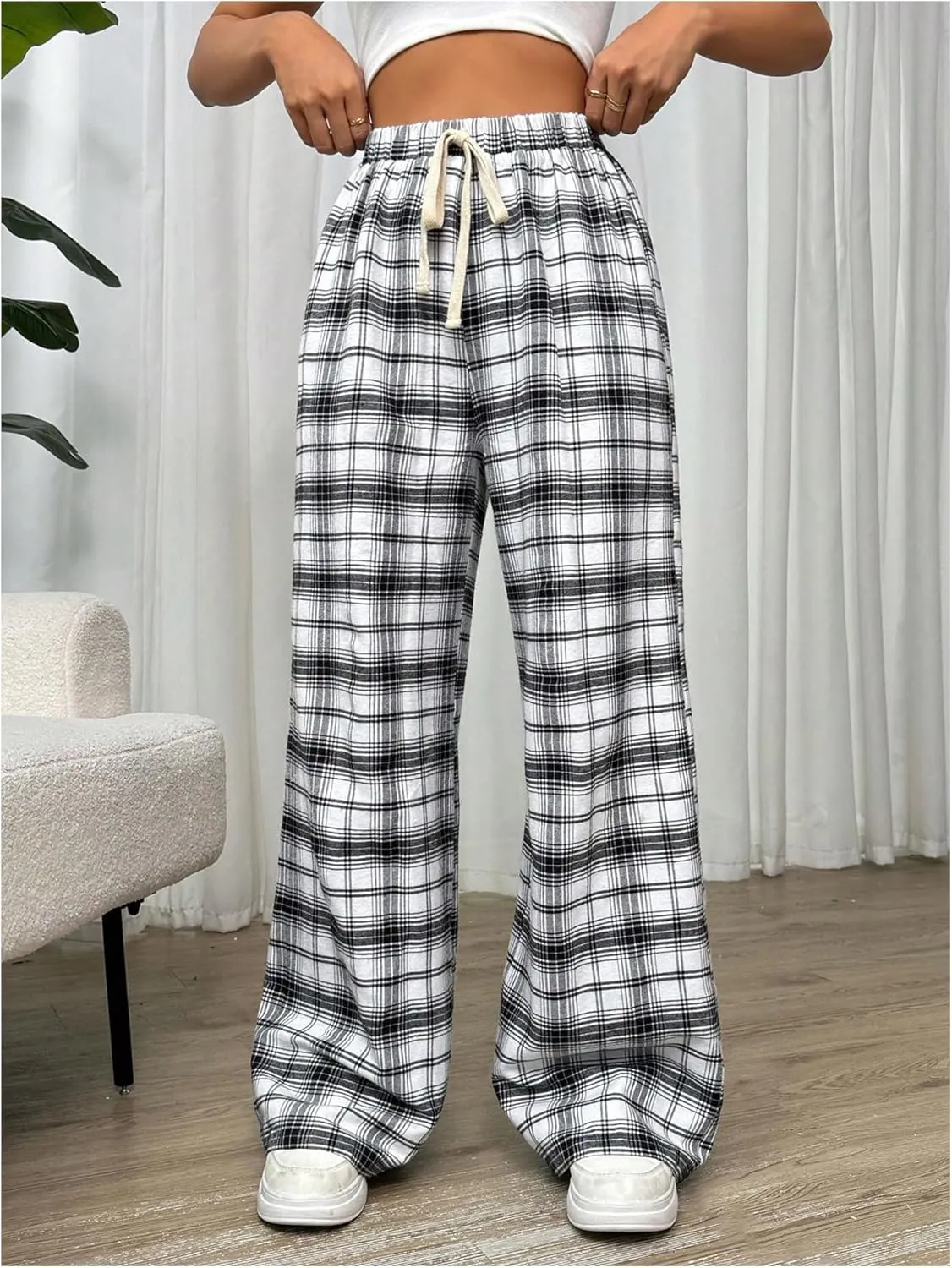 MakeMeChic Women's Plaid Pants Elastic Waist Wide Leg Loose Casual Trousers