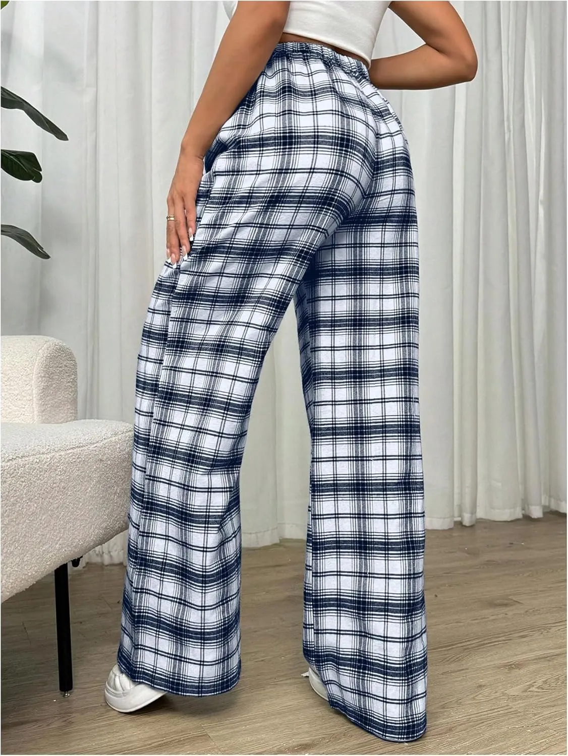 MakeMeChic Women's Plaid Pants Elastic Waist Wide Leg Loose Casual Trousers