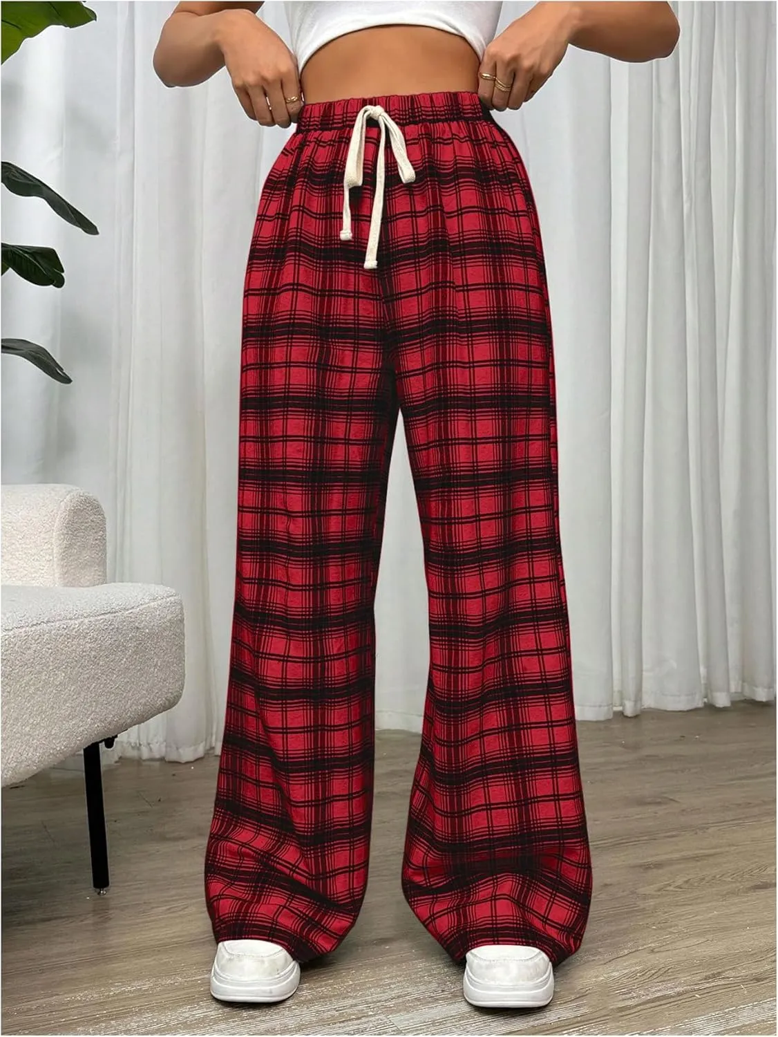 MakeMeChic Women's Plaid Pants Elastic Waist Wide Leg Loose Casual Trousers