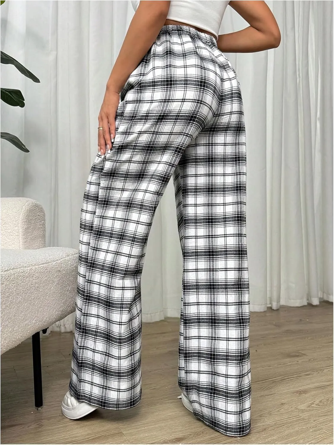 MakeMeChic Women's Plaid Pants Elastic Waist Wide Leg Loose Casual Trousers