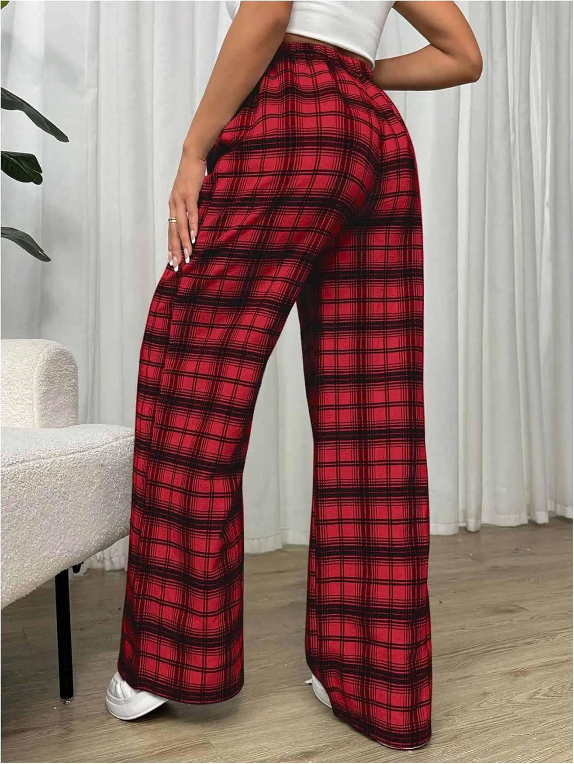 MakeMeChic Women's Plaid Pants Elastic Waist Wide Leg Loose Casual Trousers