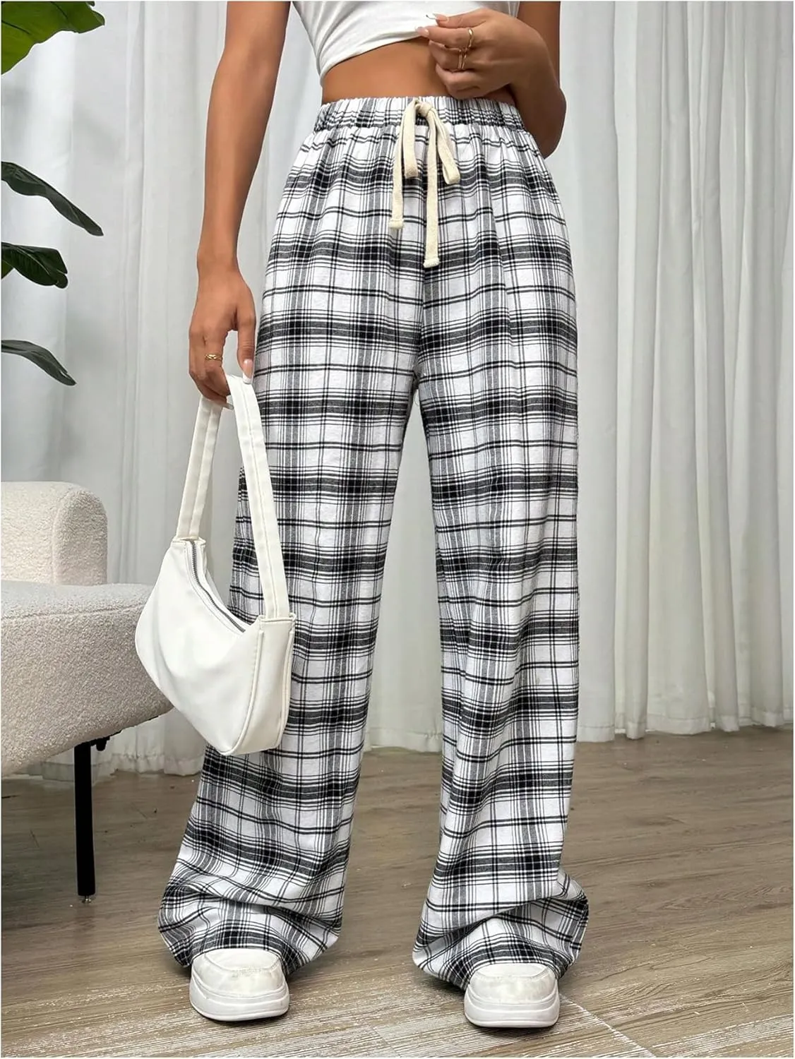 MakeMeChic Women's Plaid Pants Elastic Waist Wide Leg Loose Casual Trousers