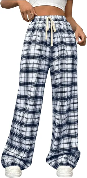 MakeMeChic Women's Plaid Pants Elastic Waist Wide Leg Loose Casual Trousers