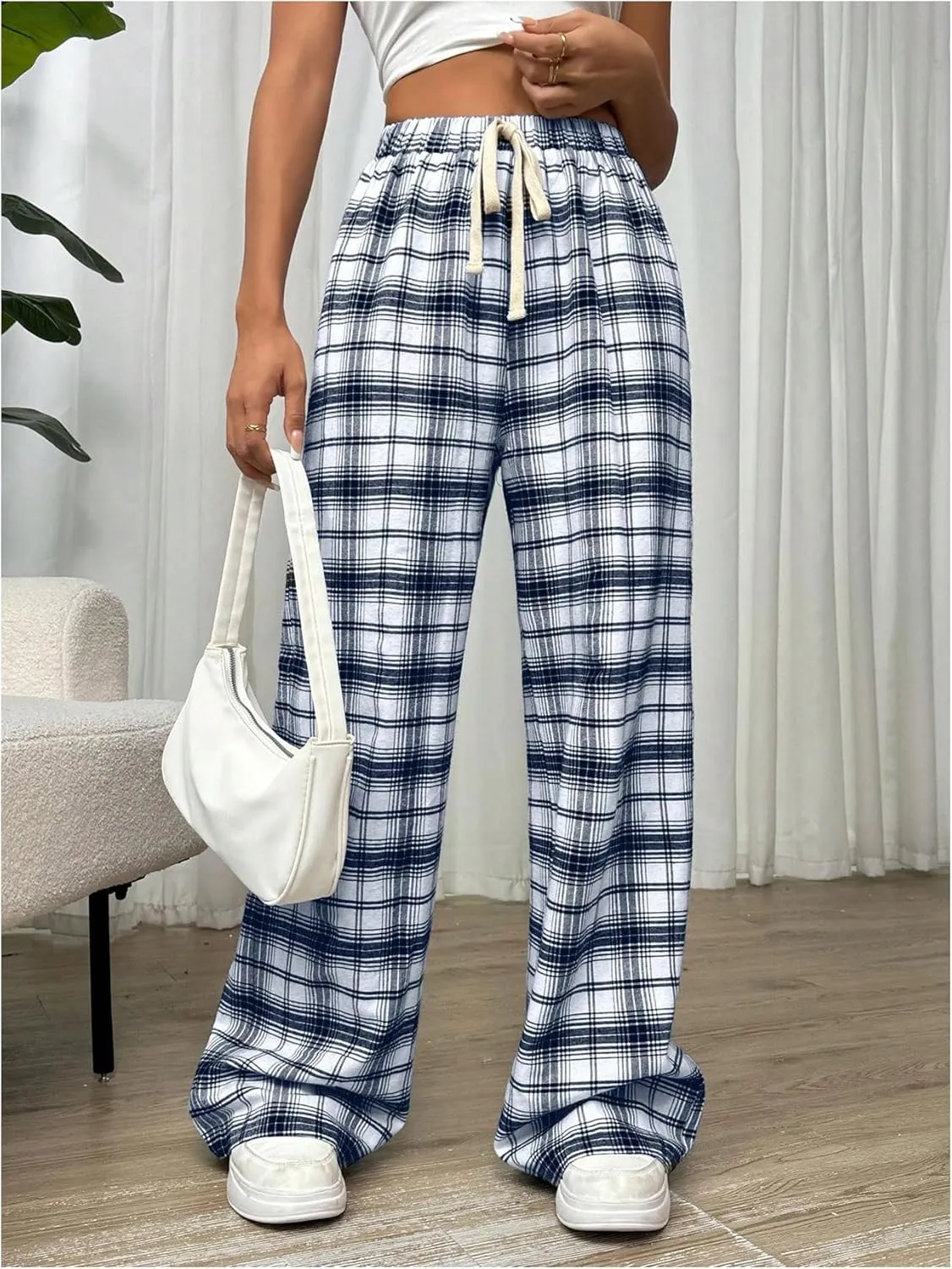 MakeMeChic Women's Plaid Pants Elastic Waist Wide Leg Loose Casual Trousers