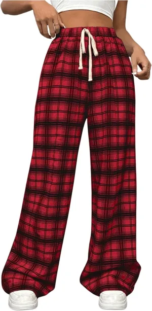 MakeMeChic Women's Plaid Pants Elastic Waist Wide Leg Loose Casual Trousers
