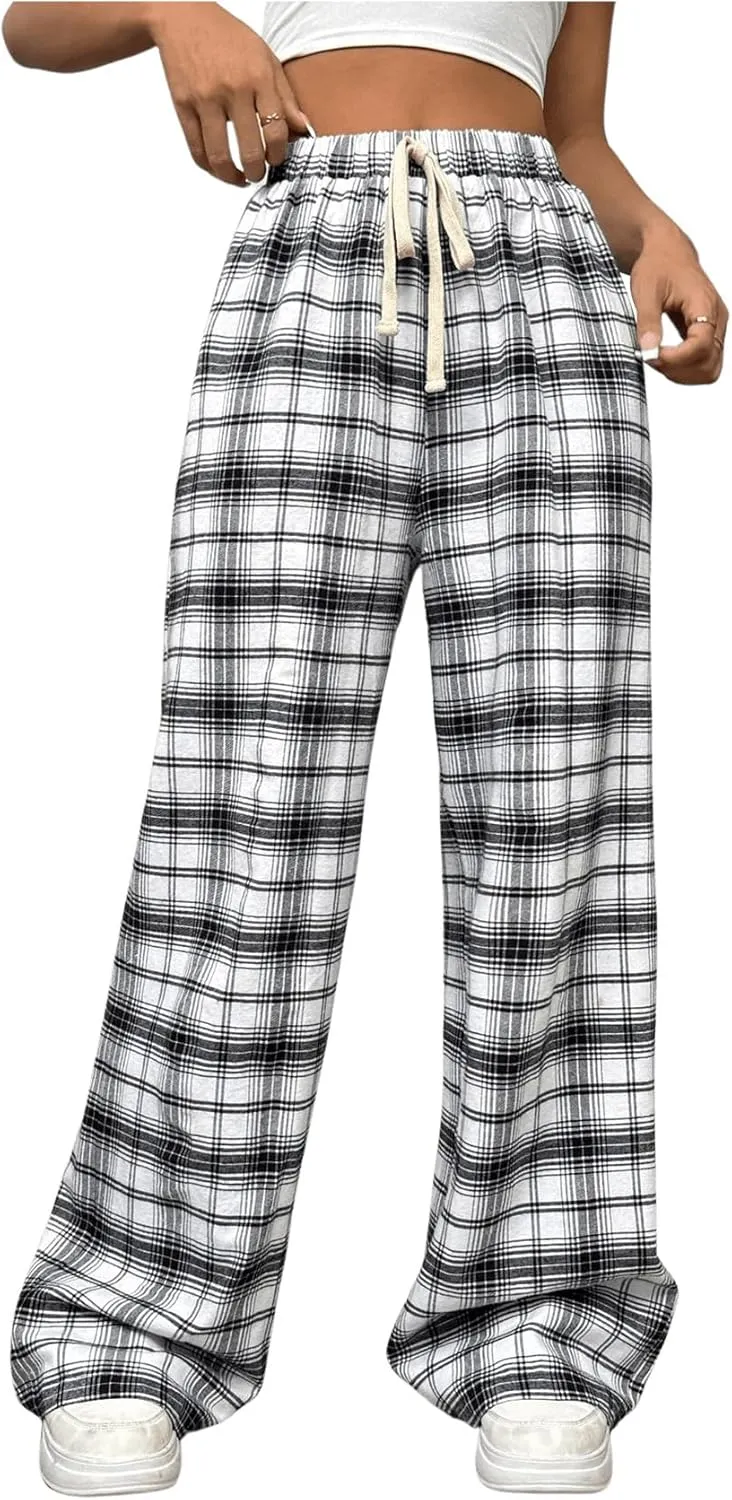 MakeMeChic Women's Plaid Pants Elastic Waist Wide Leg Loose Casual Trousers