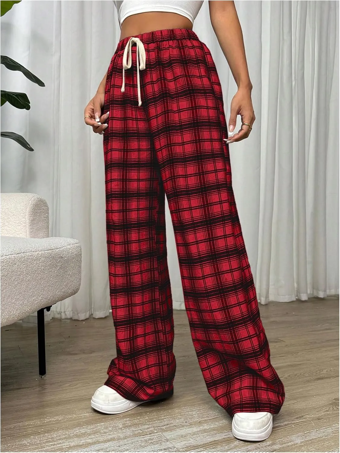 MakeMeChic Women's Plaid Pants Elastic Waist Wide Leg Loose Casual Trousers