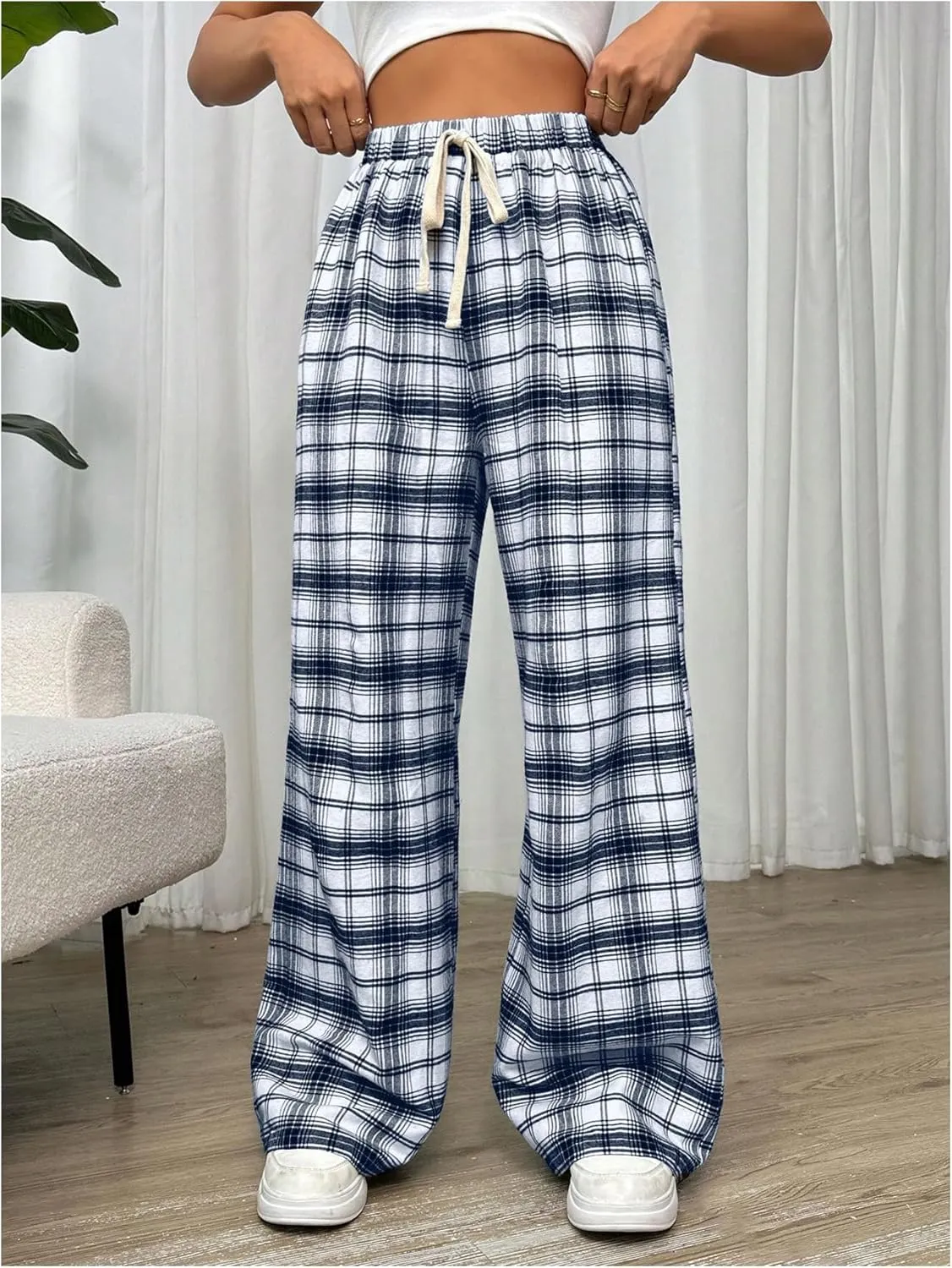 MakeMeChic Women's Plaid Pants Elastic Waist Wide Leg Loose Casual Trousers