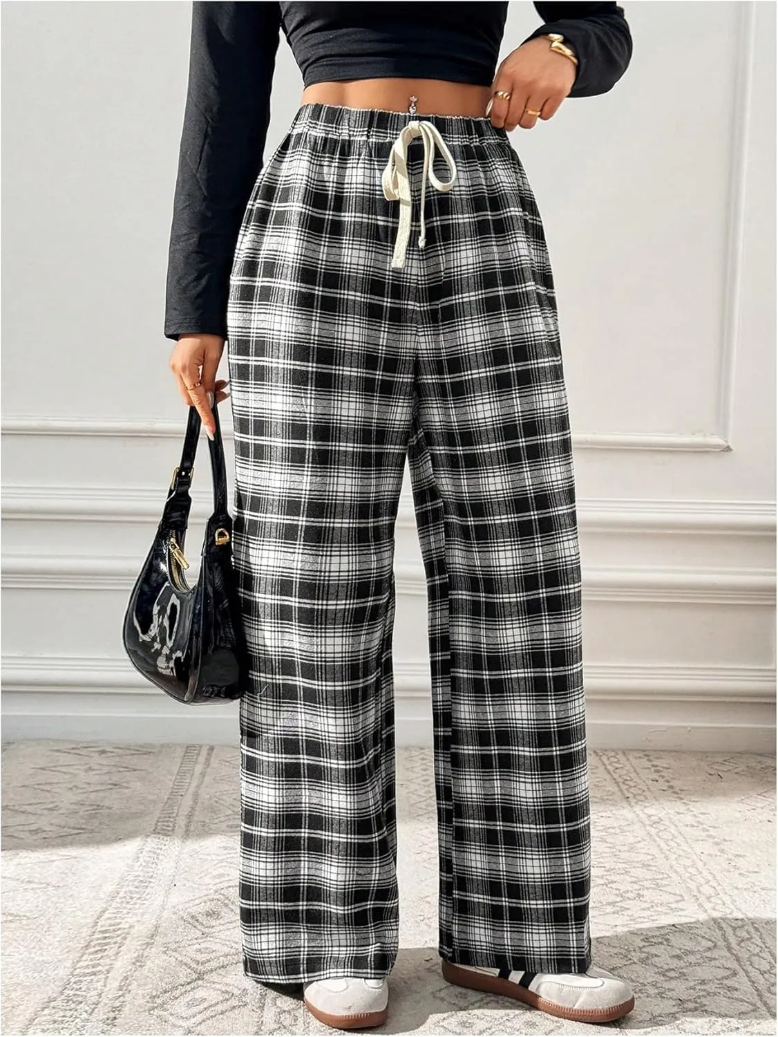 MakeMeChic Women's Plaid Pants Elastic Waist Wide Leg Loose Casual Trousers