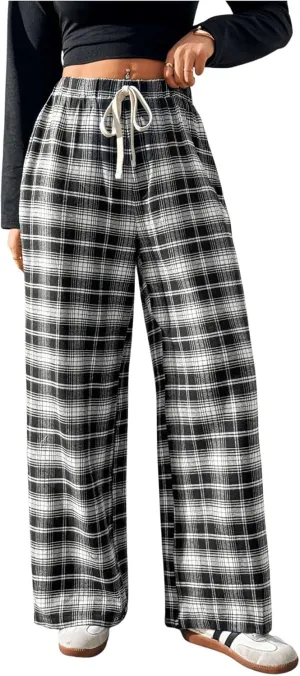 MakeMeChic Women's Plaid Pants Elastic Waist Wide Leg Loose Casual Trousers