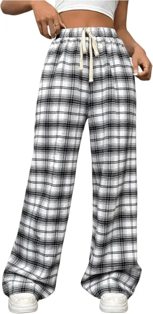 MakeMeChic Women's Plaid Pants Elastic Waist Wide Leg Loose Casual Trousers