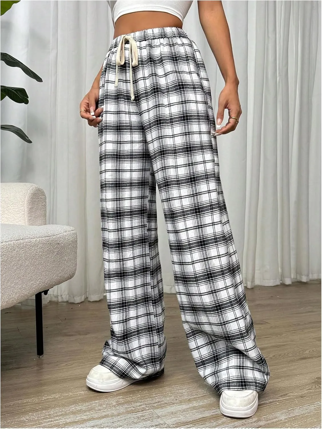 MakeMeChic Women's Plaid Pants Elastic Waist Wide Leg Loose Casual Trousers