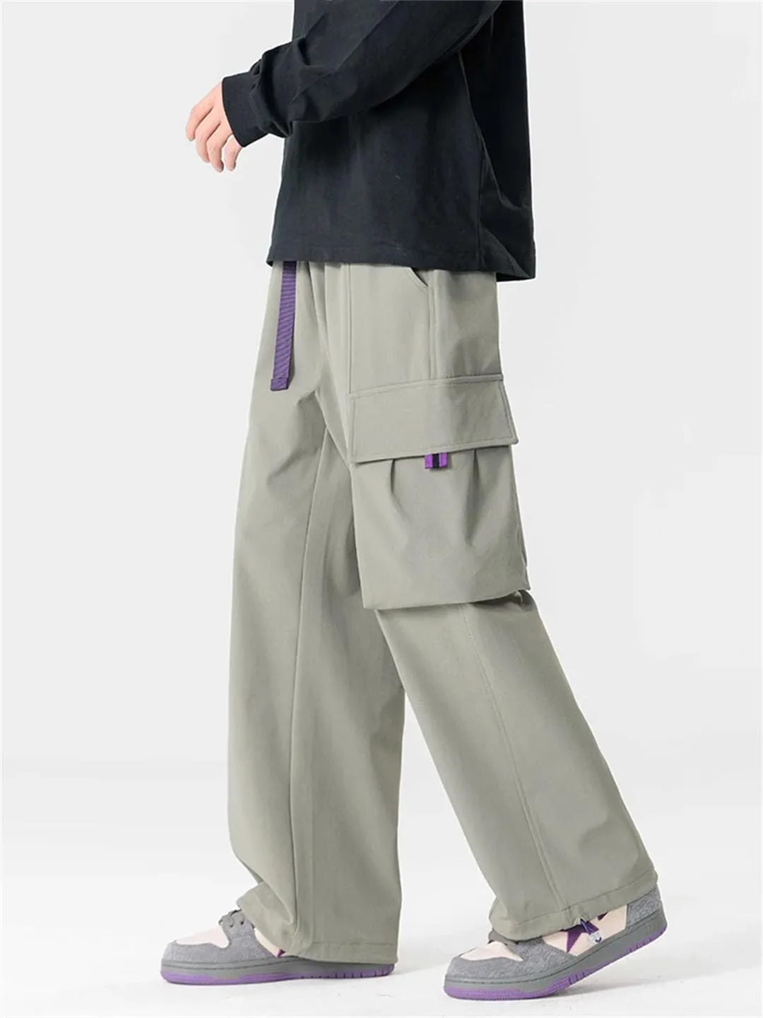 Men Autumn Cargo Pants Multi-Pockets Wide Leg Casual Pant Hip Hop Streetwear Loose Straight Trousers