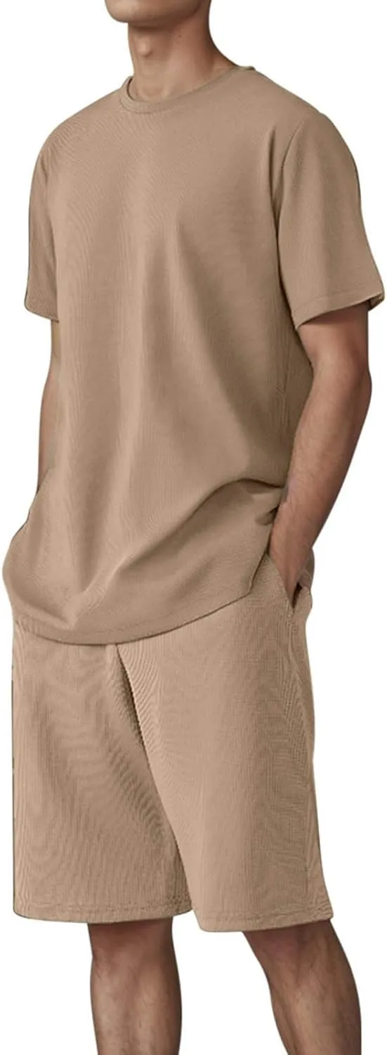 Mens 2 Piece Outfits Casual Short Sleeve T Shirts and Shorts Sets Summer Travel Outfits Athletic Jogging Lounge Sets