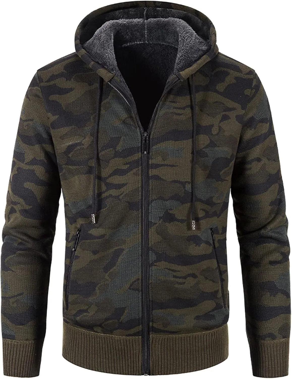 Mens Camo Hooded Cardigan Sweater Coats Heavy Warm Sherpa Fleece Lined Stripe Hoodie Jackets Zip Up Thick Sweatshirt