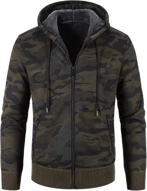 Mens Camo Hooded Cardigan Sweater Coats Heavy Warm Sherpa Fleece Lined Stripe Hoodie Jackets Zip Up Thick Sweatshirt