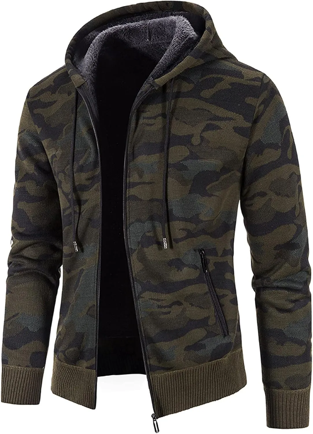 Mens Camo Hooded Cardigan Sweater Coats Heavy Warm Sherpa Fleece Lined Stripe Hoodie Jackets Zip Up Thick Sweatshirt