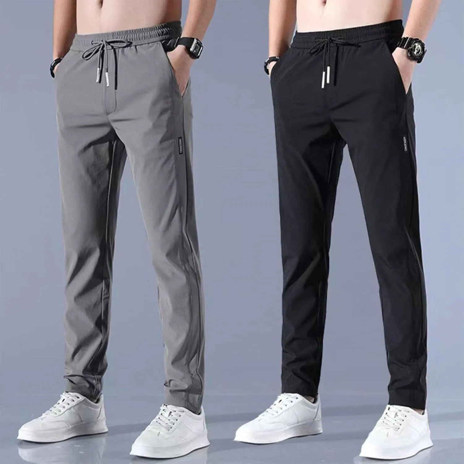 Mens Casual Pants Classic Fit Flat Front Pants Lightweight Elastic Waist Golf Trousers with Pockets for Men