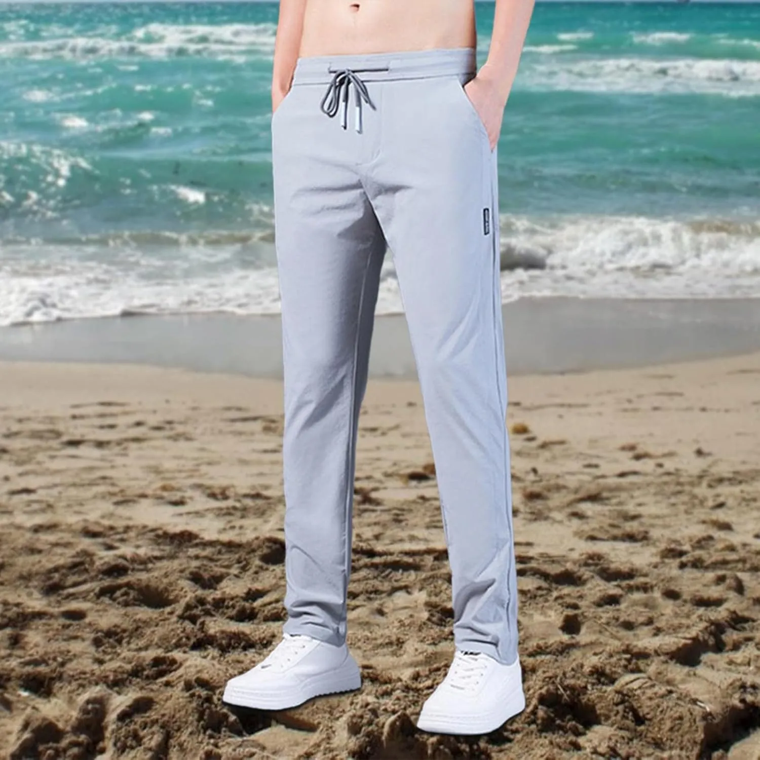 Mens Casual Pants Classic Fit Flat Front Pants Lightweight Elastic Waist Golf Trousers with Pockets for Men