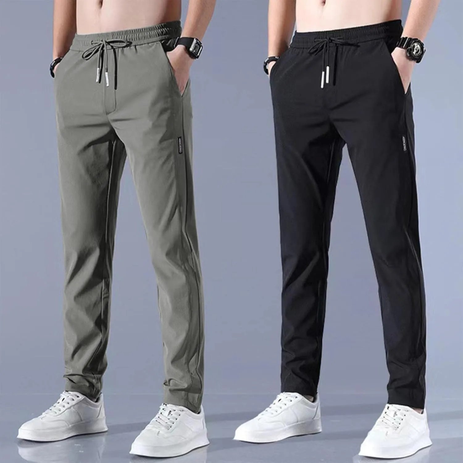 Mens Casual Pants Classic Fit Flat Front Pants Lightweight Elastic Waist Golf Trousers with Pockets for Men