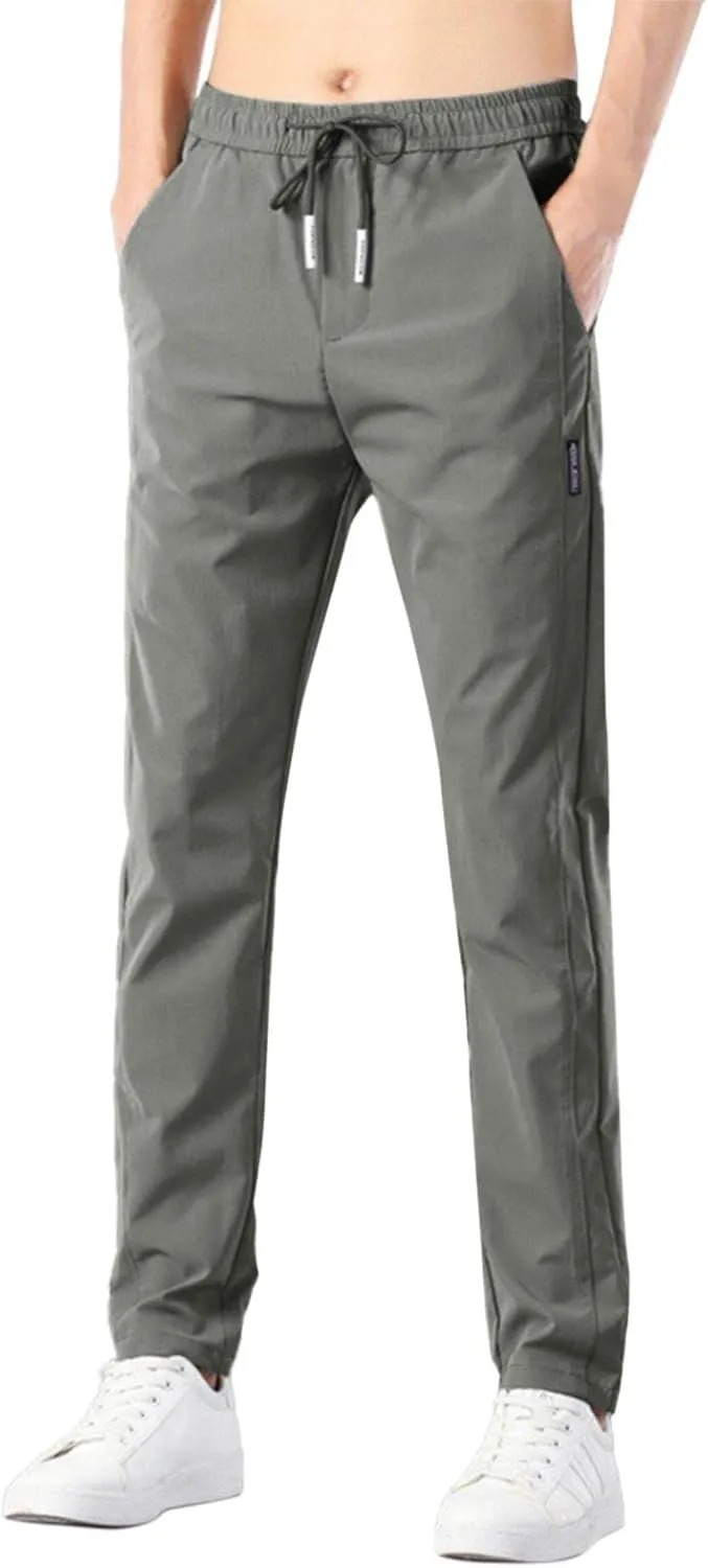 Mens Casual Pants Classic Fit Flat Front Pants Lightweight Elastic Waist Golf Trousers with Pockets for Men