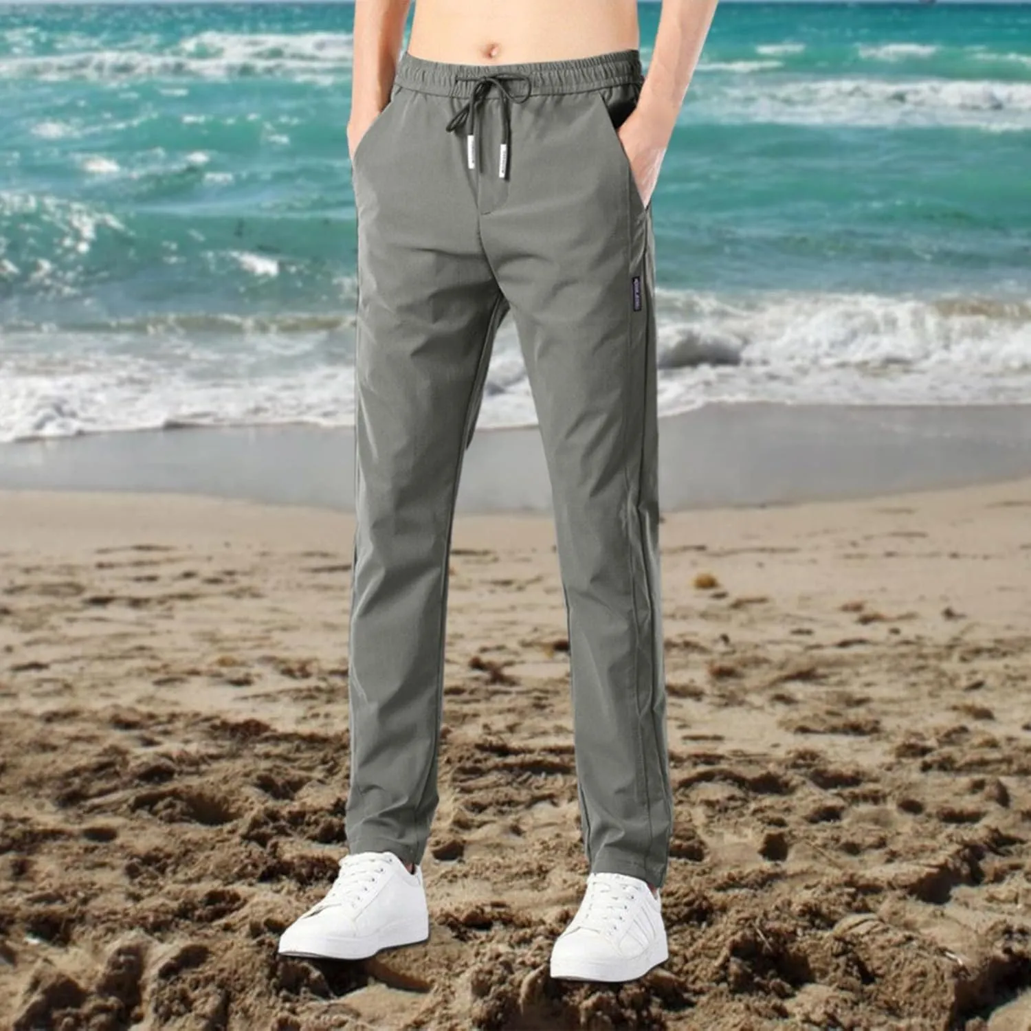 Mens Casual Pants Classic Fit Flat Front Pants Lightweight Elastic Waist Golf Trousers with Pockets for Men